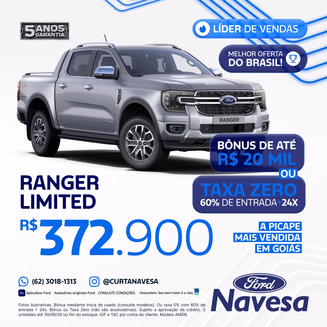 Ford Ranger Limited 3.0 V6 Diesel 4WD AT 2026 Por apenas R$ 372.900 bônus de até R$ 20mil e taxa zero 60% + 24x